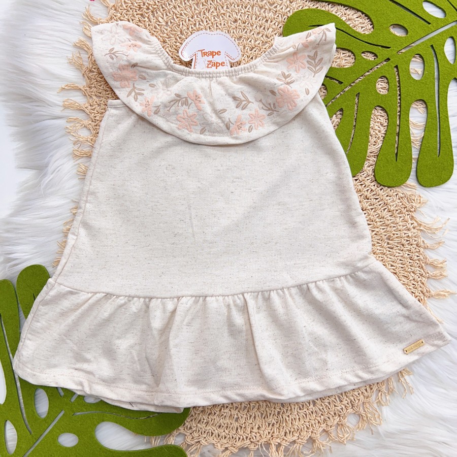  Vestido Ombro-a-Ombro com Detalhes em Flores - Off White